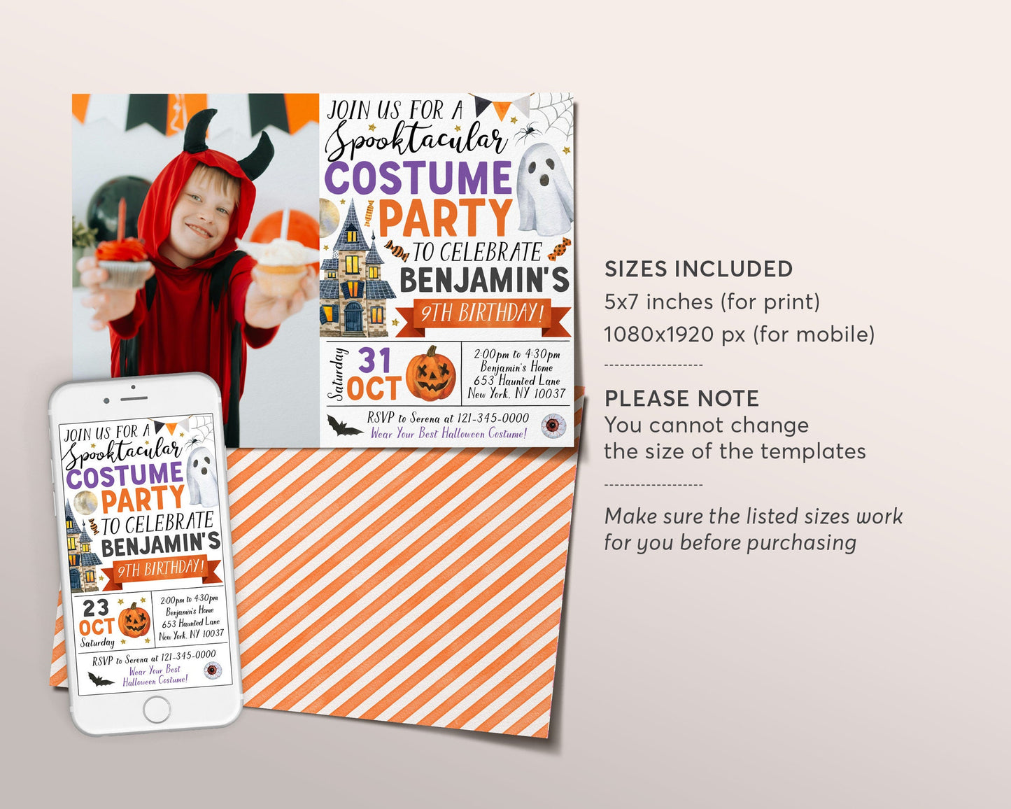 Halloween Costume Party Invitation With Photo Editable Template, Girl Pink Ghost Party Birthday Invite, Kids Spooktacular Halloween Party