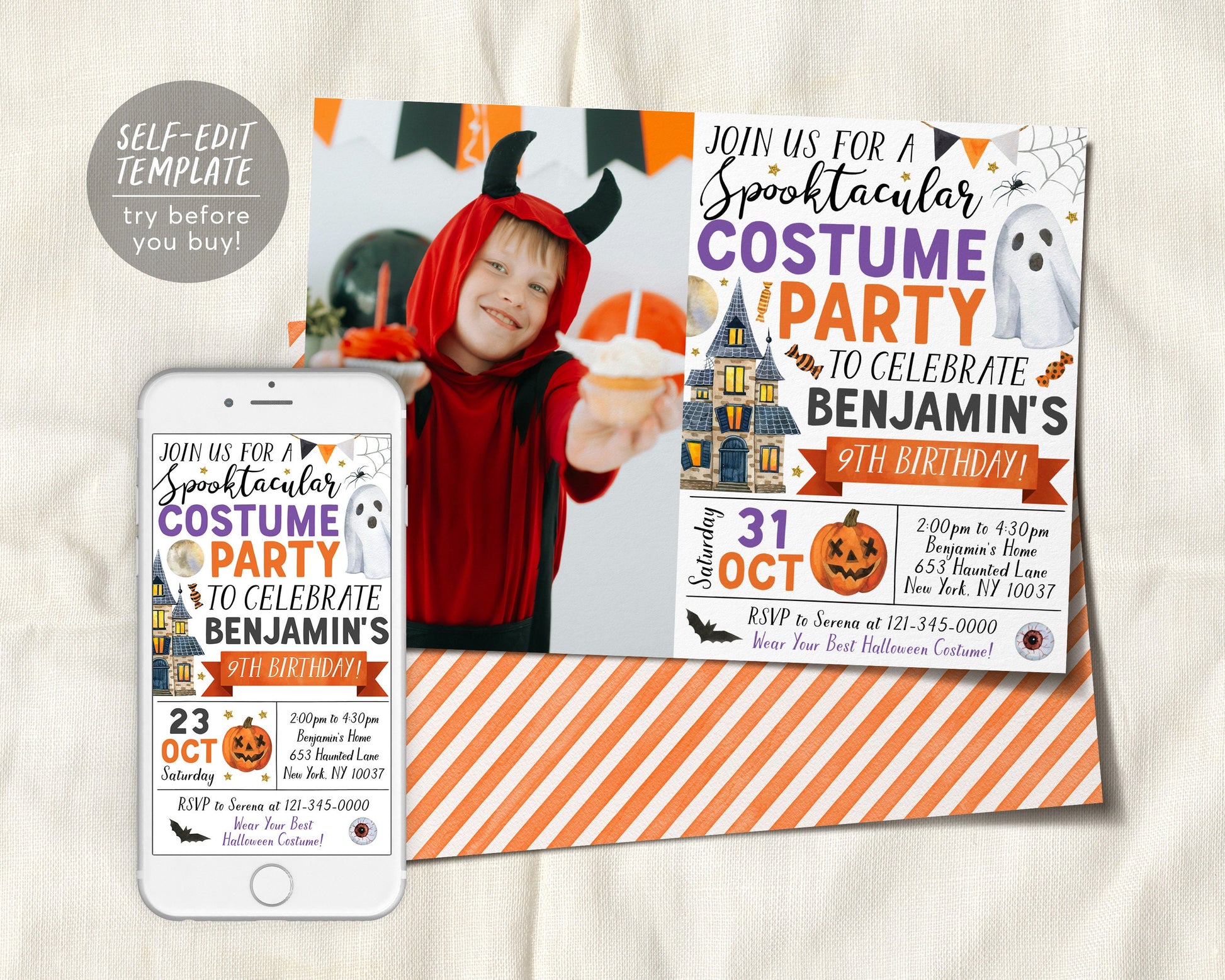 Halloween Costume Party Invitation With Photo Editable Template, Girl Puff Paper Co Halloween Costume Party Invitation With Photo Editable Template, Girl Puff Paper Co