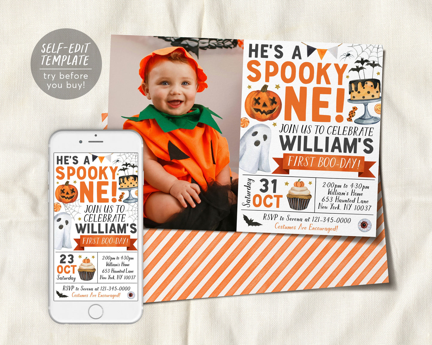 Spooky One Halloween Birthday Invitation With Photo Editable Template