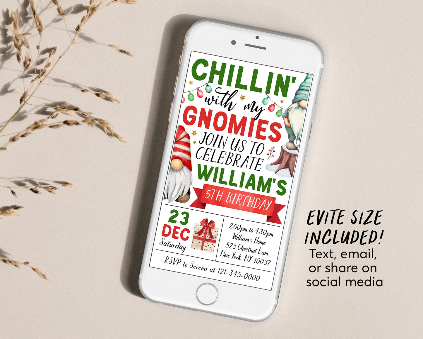 Gnome Birthday Invitation Editable Template, Kids Chillin' with My Gnomies Party Invite, Christmas Gnomes Winter Party Evite, Garden Gnomes