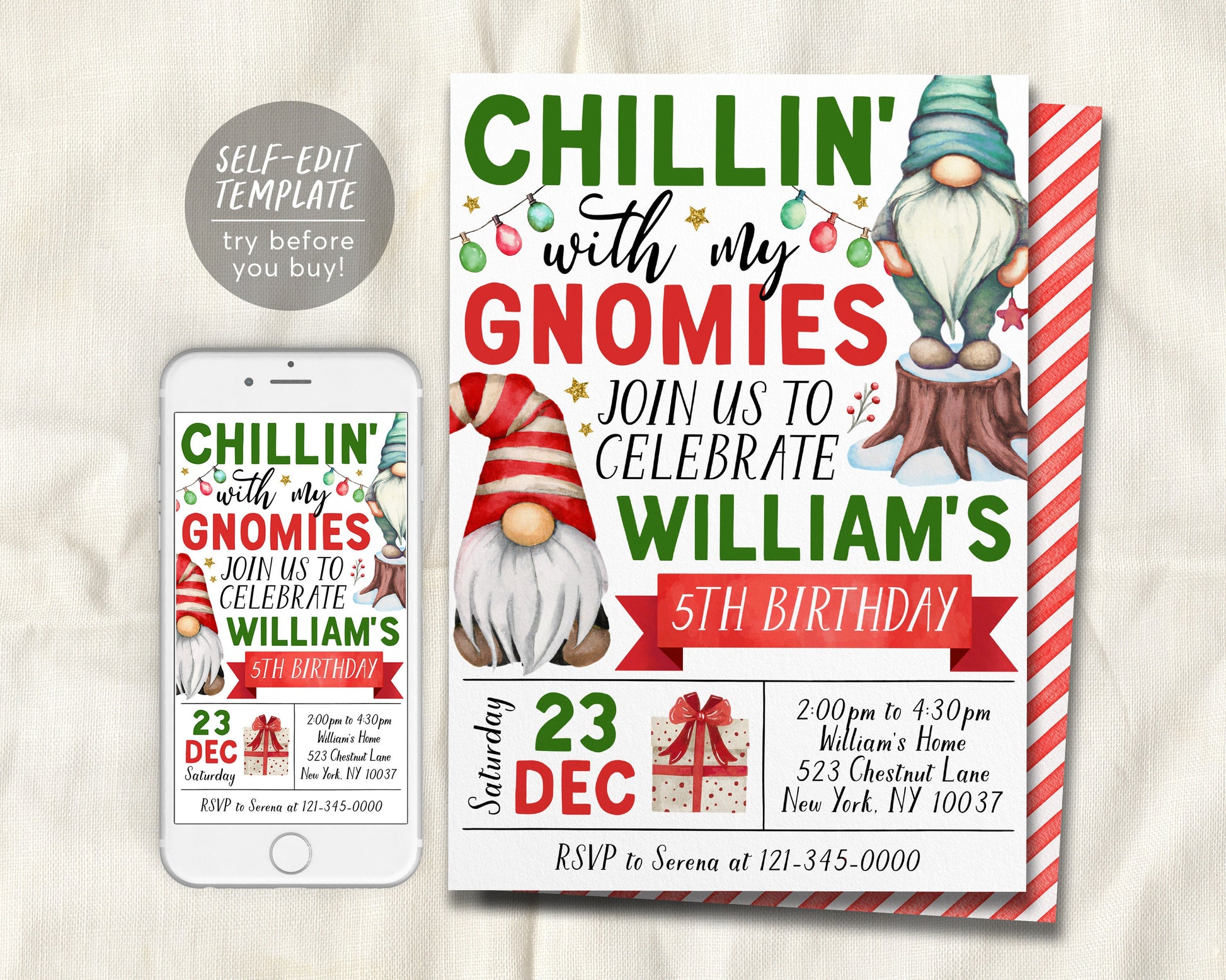 Gnome Birthday Invitation Editable Template