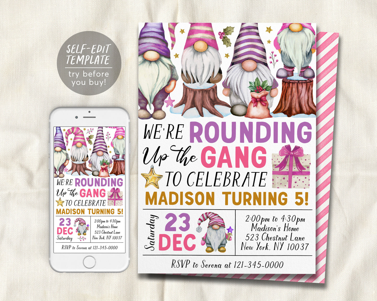 Gnome Birthday Invitation Editable Template, Kids Girl We're Rounding Up The Gang Party Invite, Christmas Gnomes Merry Birthday Evite