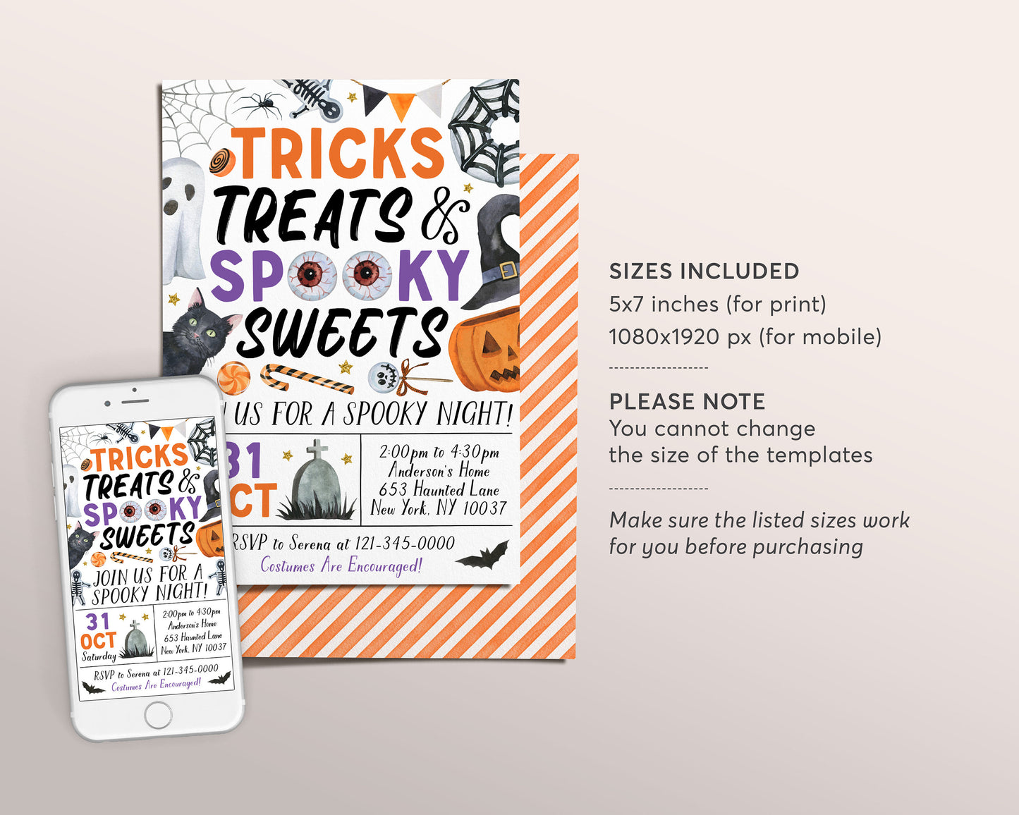 Halloween Party Invitation Editable Template, Tricks Treats and Spooky Sweets Celebration Invite, Kids Spooktacular Costume Party Evite