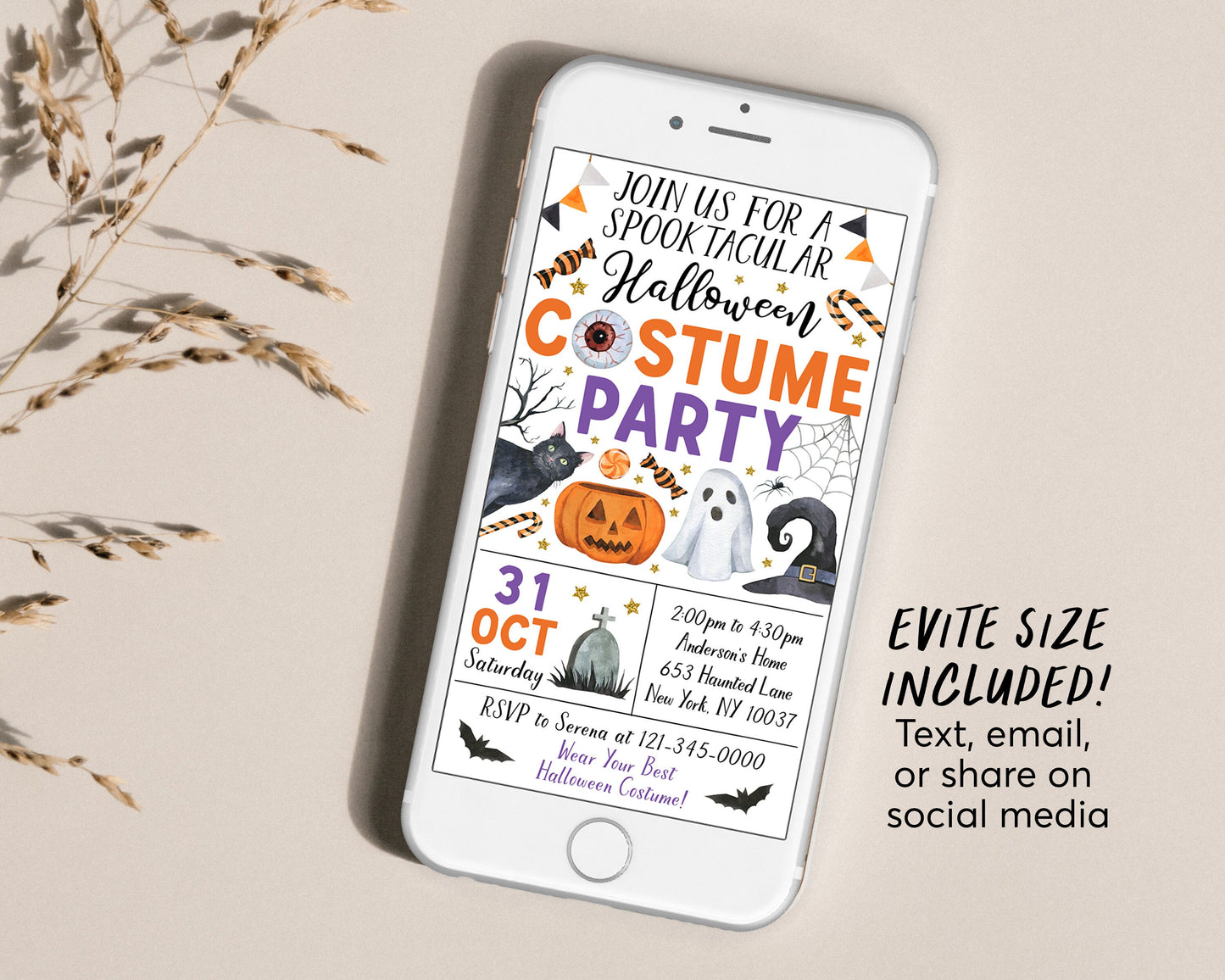 Halloween Costume Party Invitation Editable Template, Kids Spooky Night Party Invite, Spooktacular Celebration Party Evite, Trick Or Treat