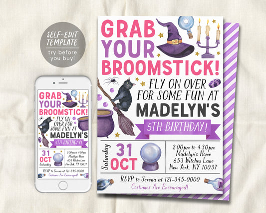 Witch Birthday Invitation Editable Template