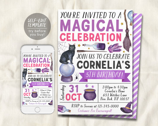 Magical Witch Birthday Birthday Invitation Editable Template