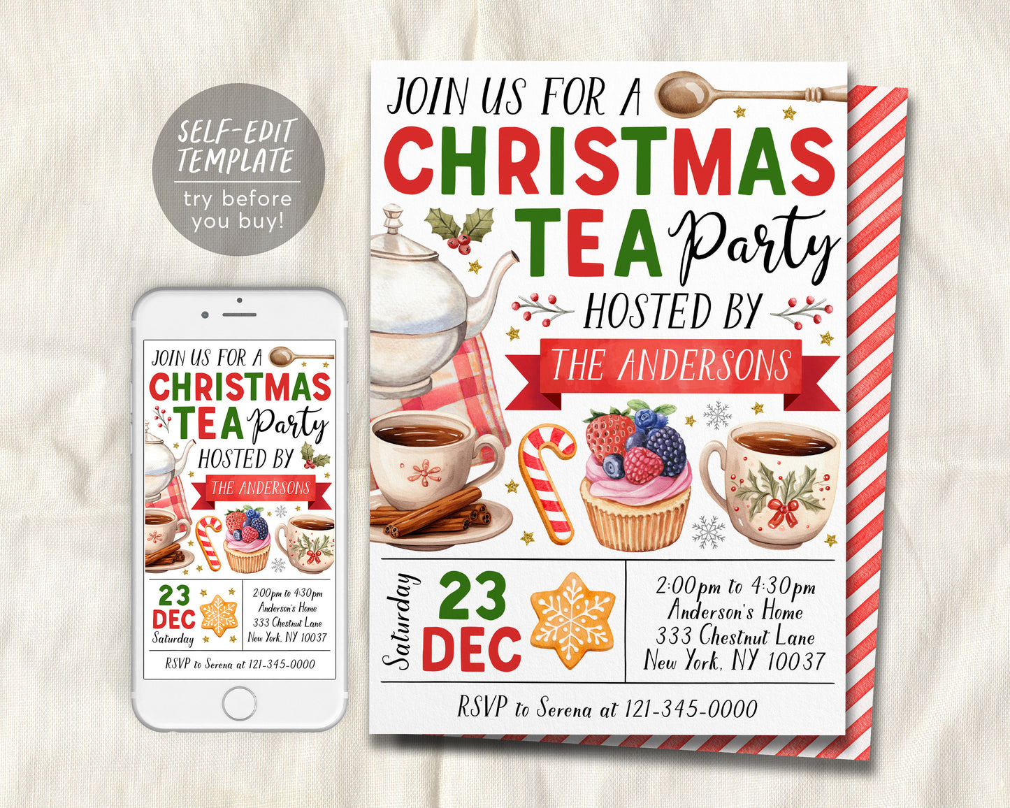 Christmas Tea Party Invitation Editable Template