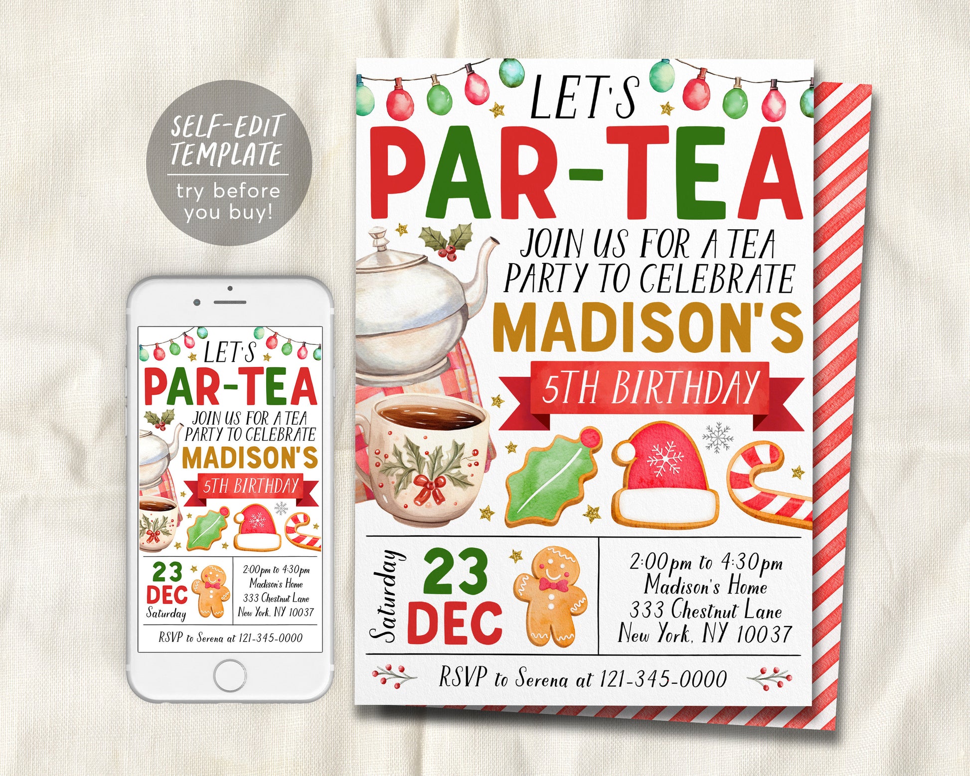 Christmas Tea Party Birthday Invitation Editable Template