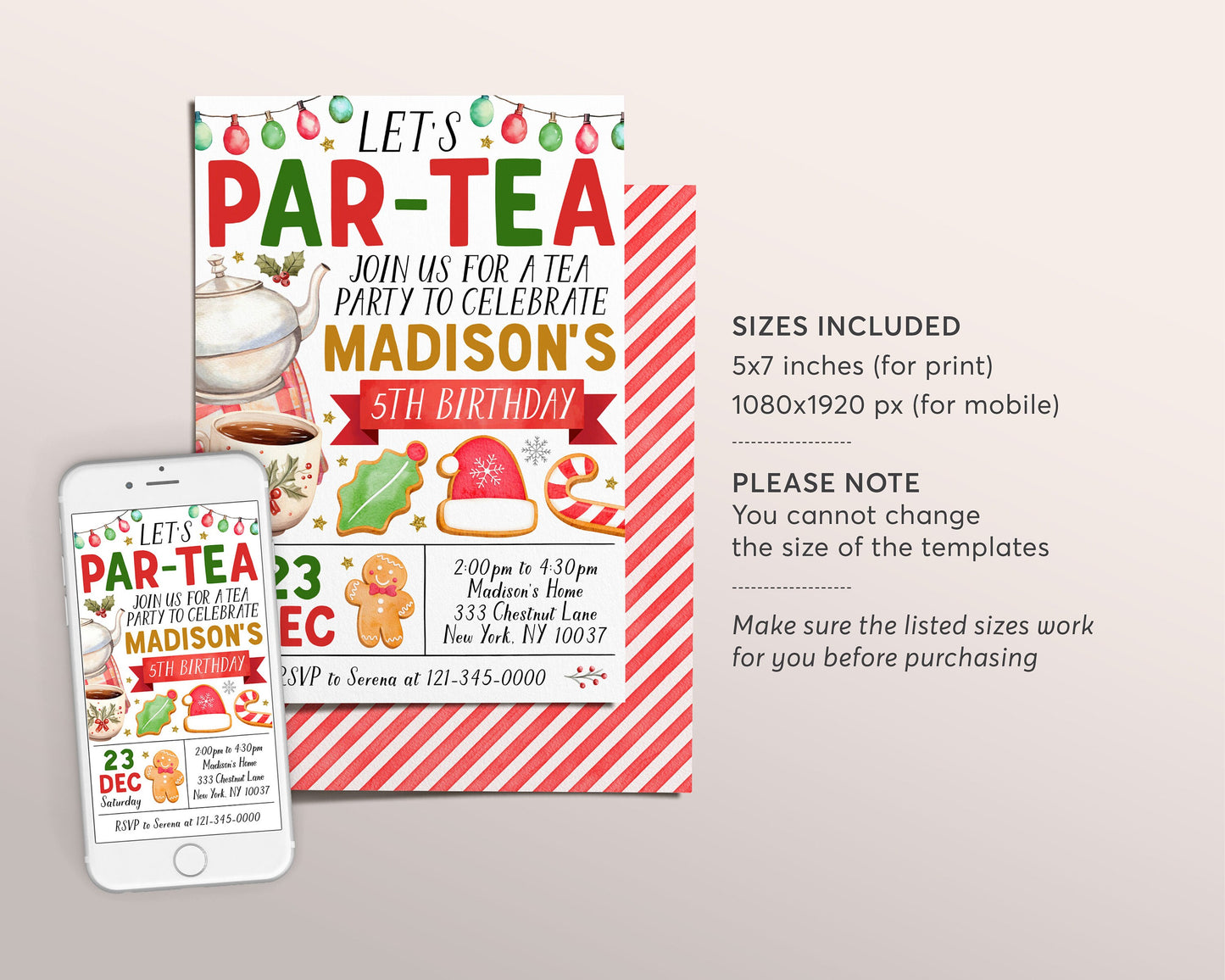 Christmas Tea Party Birthday Invitation Editable Template, Kids Let's Par-Tea Invite, Xmas Winter High Tea Party Afternoon Tea Teapot Evite