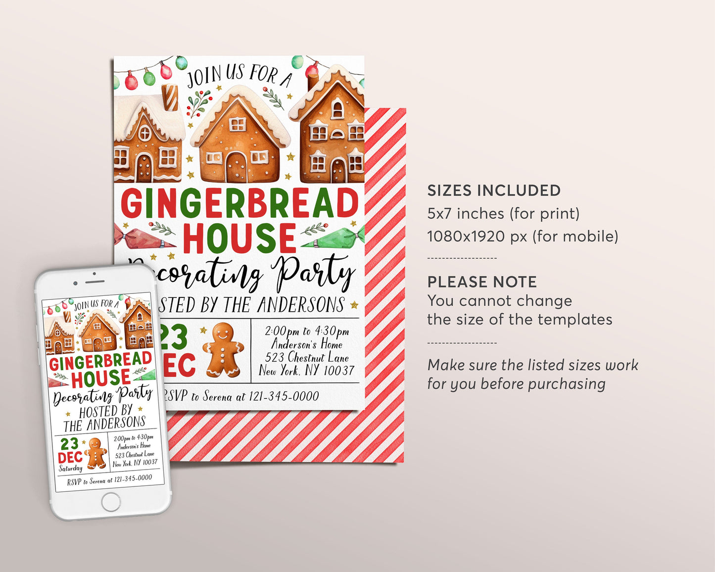 Gingerbread House Decorating Invitation Editable Template, Gingerbread Cookie Christmas Party Invite, Baking Cookies Winter Holiday Evite