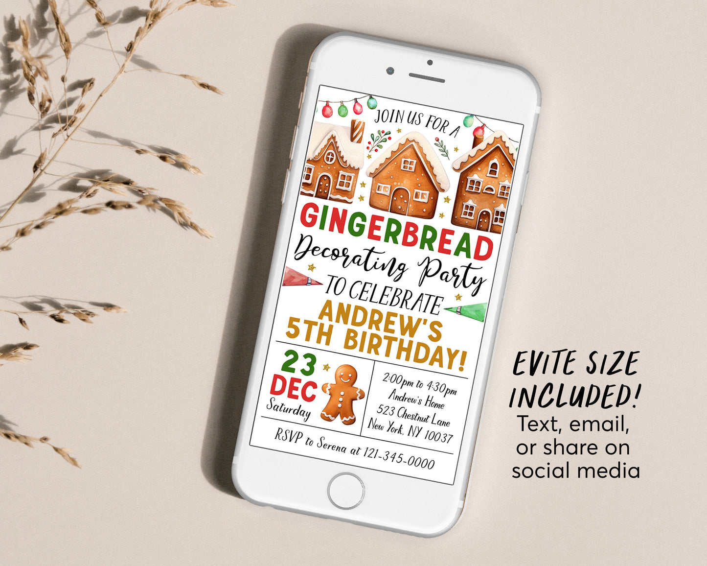 Gingerbread Decorating Birthday Invitation Editable Template, Christmas Gingerbread House Cookie Decorating Party Invite, Holiday Evite