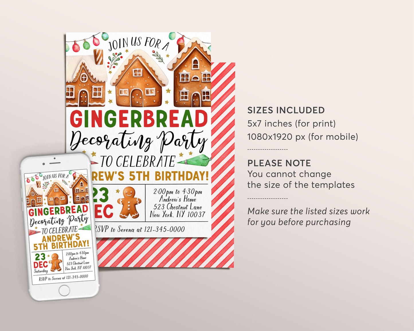 Gingerbread Decorating Birthday Invitation Editable Template, Christmas Gingerbread House Cookie Decorating Party Invite, Holiday Evite