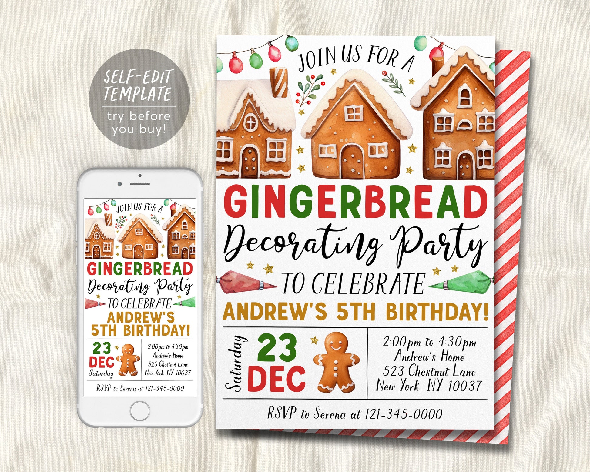 Gingerbread House Decorating Birthday Invitation Editable Template