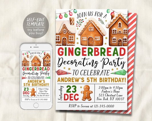 Gingerbread House Decorating Birthday Invitation Editable Template