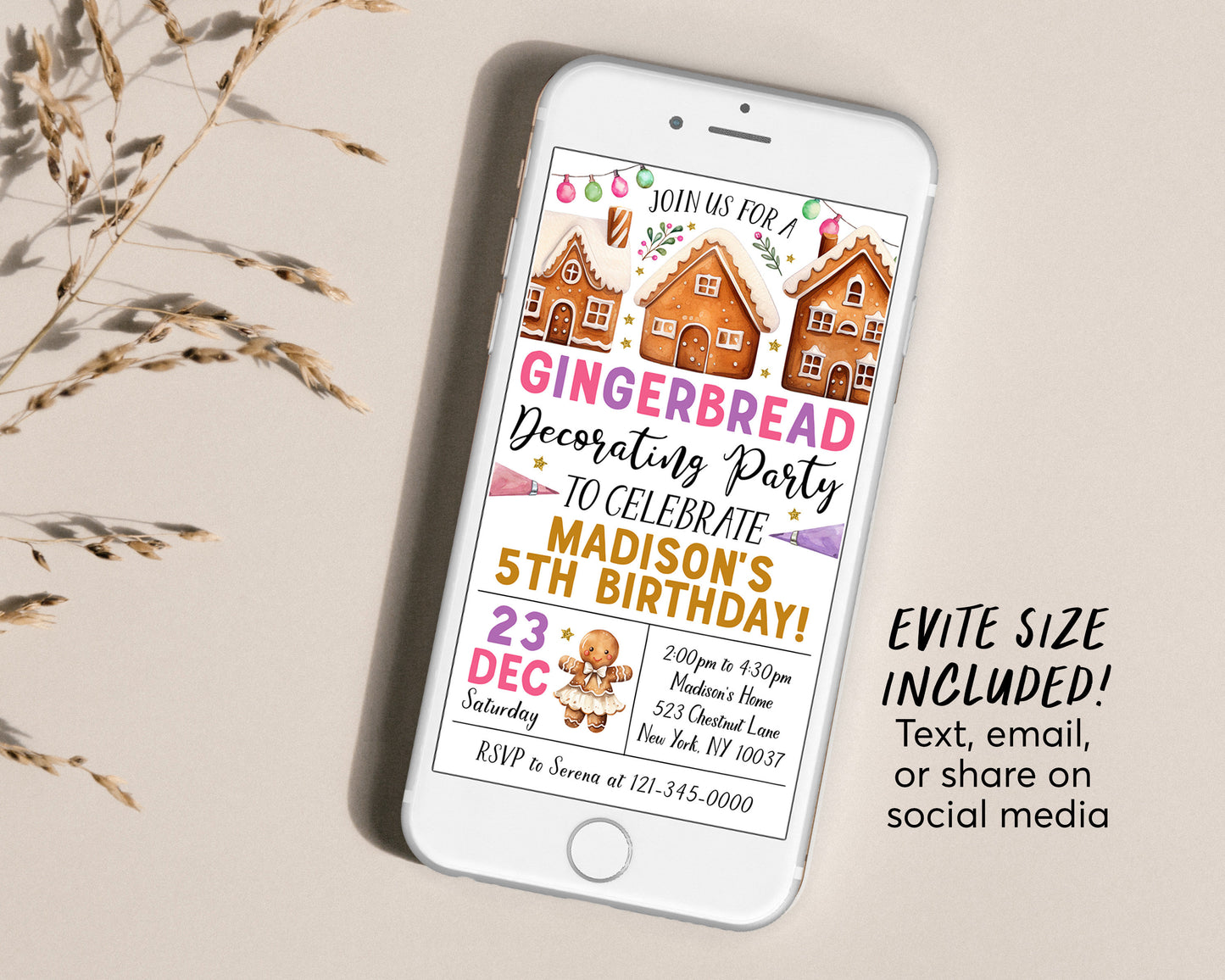 Gingerbread Decorating Birthday Invitation Editable Template, Girl Christmas Gingerbread House Cookie Decorating Party Invite, Holiday Evite