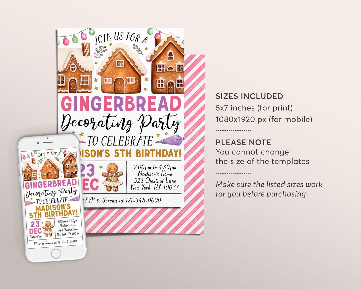 Gingerbread Decorating Birthday Invitation Editable Template, Girl Christmas Gingerbread House Cookie Decorating Party Invite, Holiday Evite