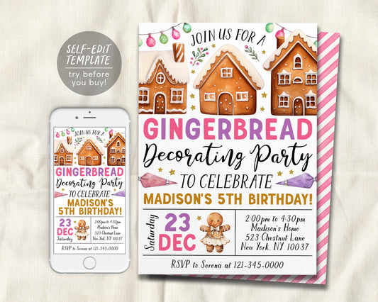 Gingerbread Decorating Birthday Invitation Editable Template, Girl Christmas Gingerbread House Cookie Decorating Party Invite, Holiday Evite