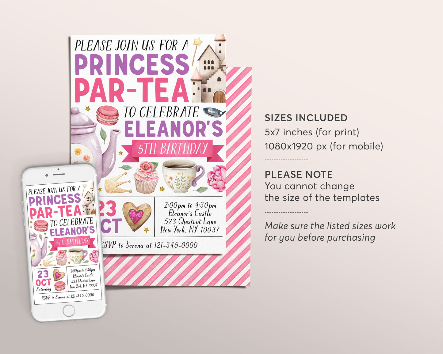 Princess Tea Party Birthday Invitation Editable Template, Kids Let's Par-Tea High Tea Castle Party Invite, Floral Whimsical Afternoon Tea