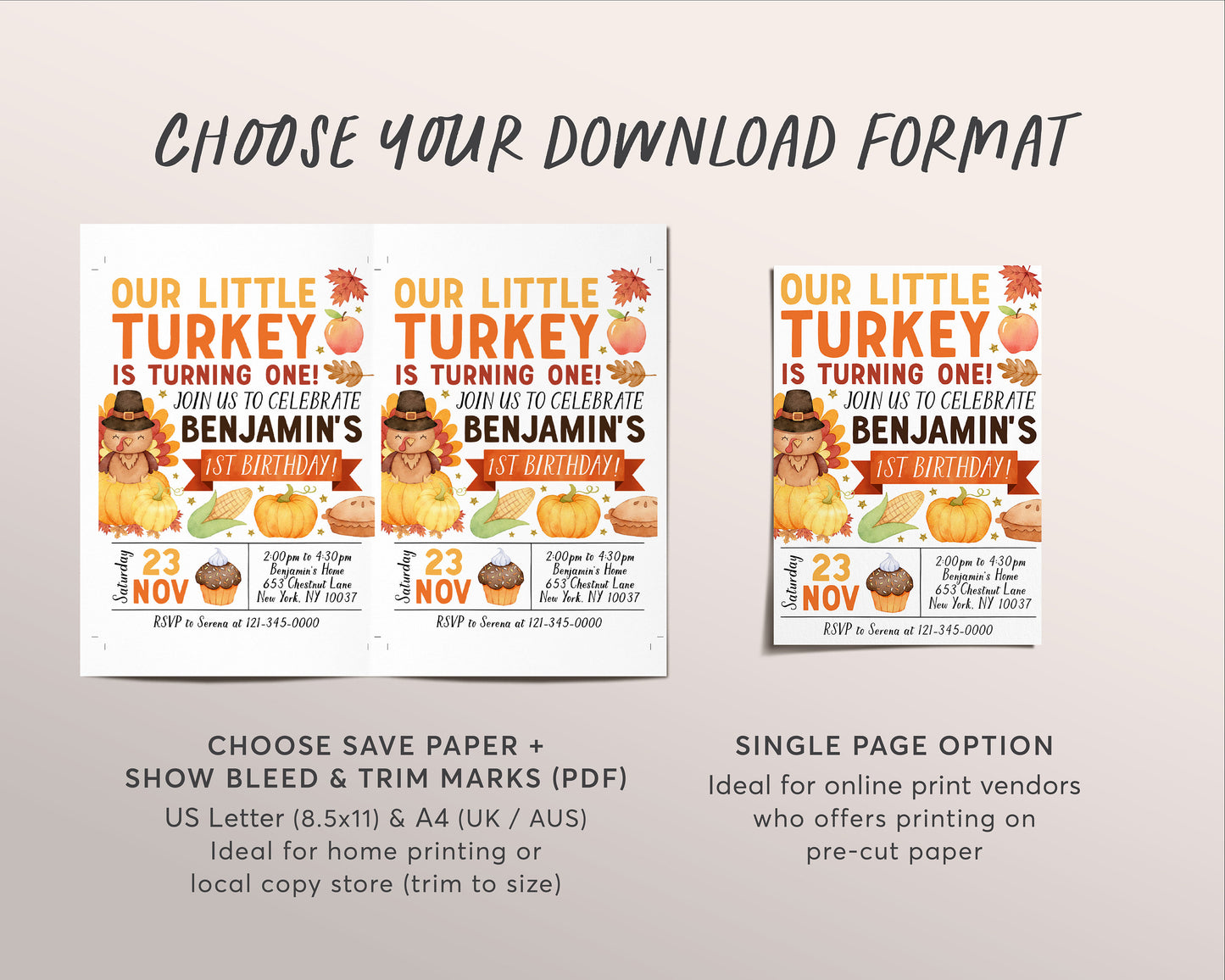 Little Turkey First Birthday Invitation Editable Template, Kids Thanksgiving Theme 1st Birthday Party Invite, Autumn Fall Birthday Evite