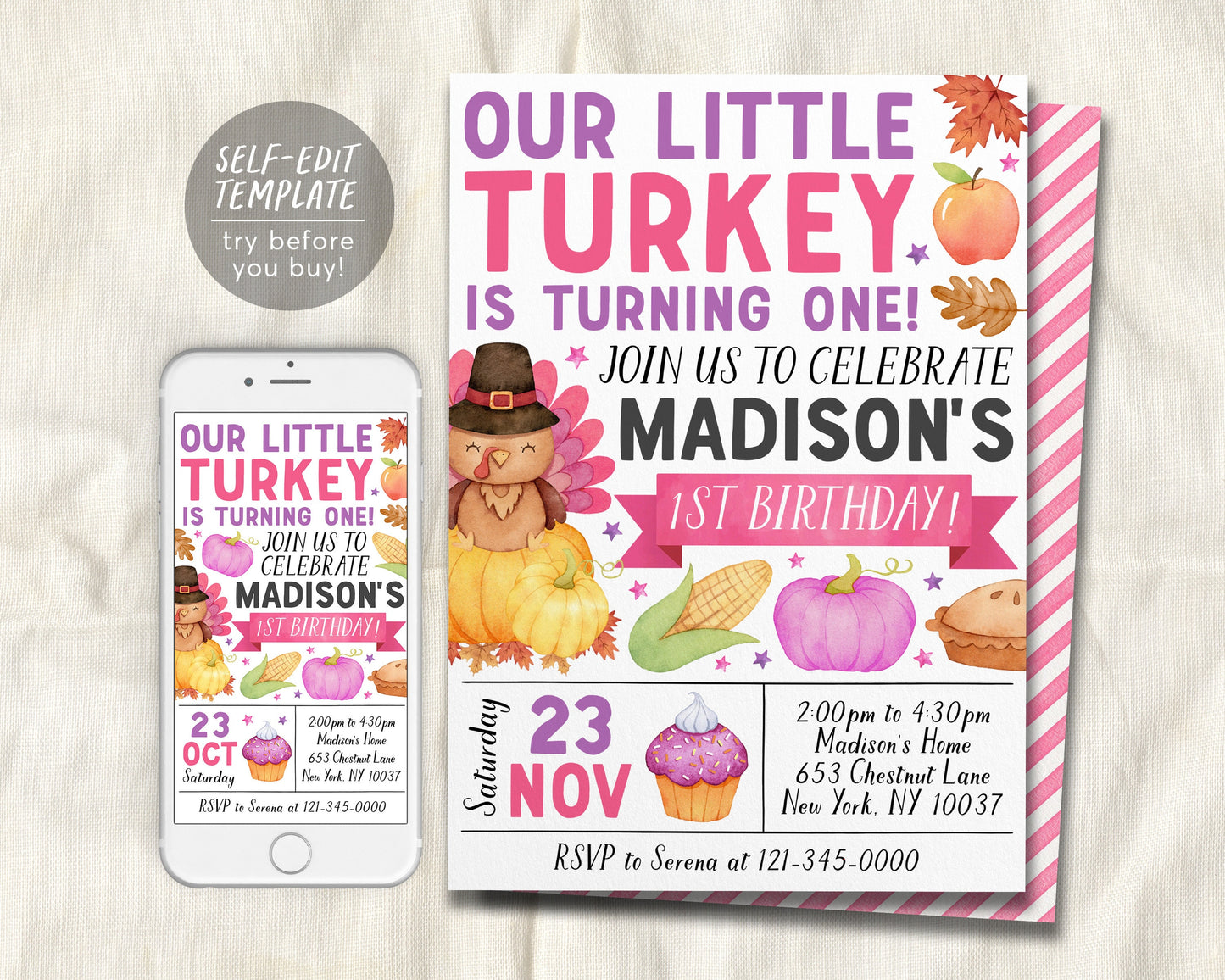 Little Turkey First Birthday Invitation Editable Template