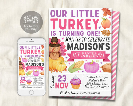 Little Turkey First Birthday Invitation Editable Template