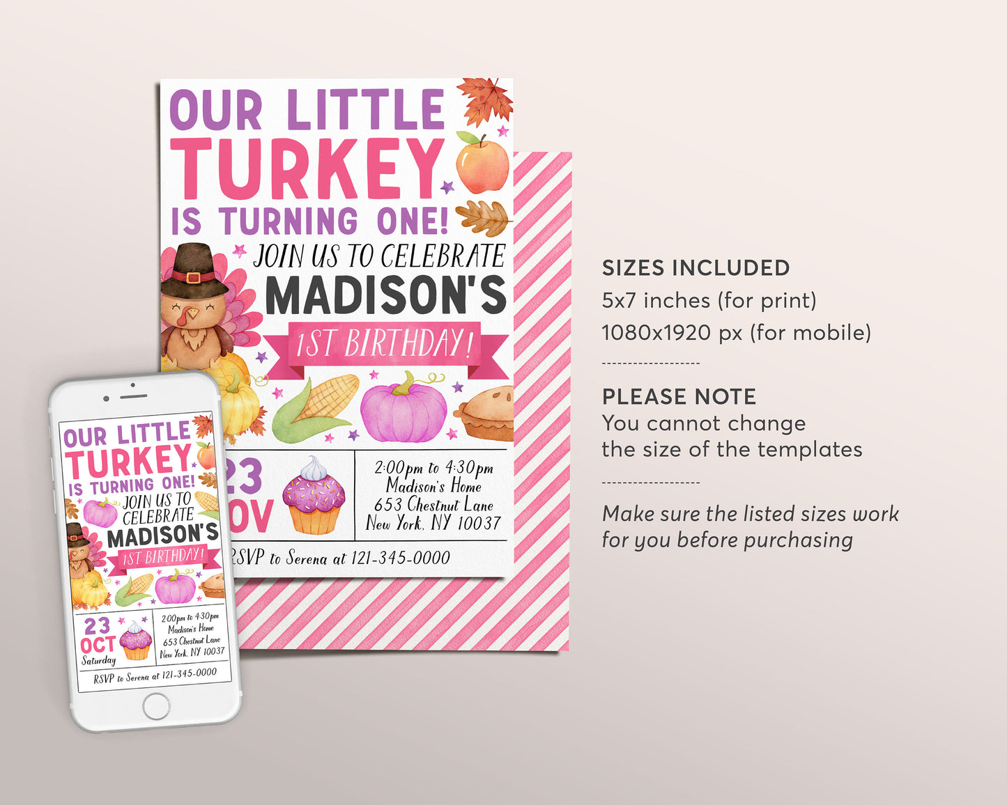 Little Turkey First Birthday Invitation Editable Template, Kids Girl Thanksgiving Theme 1st Birthday Party Invite, Autumn Fall Birthday