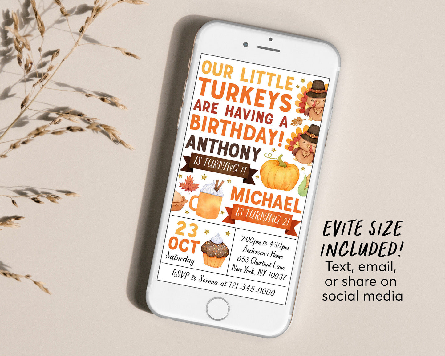 Little Turkey Joint Siblings Birthday Invitation Editable Template, Kids Twins Thanksgiving Our Little Turkeys Party Invite, Autumn Fall