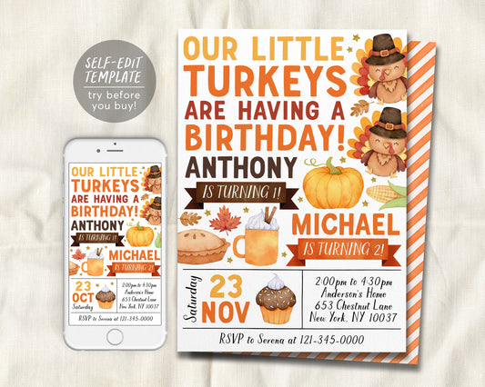 Little Turkey Joint Siblings Birthday Invitation Editable Template