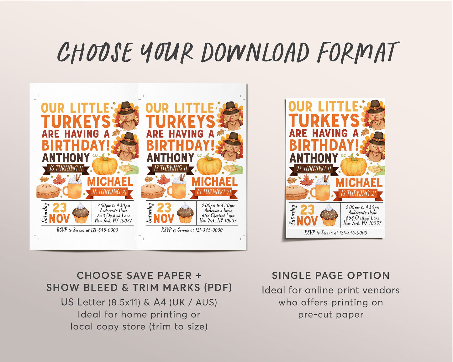 Little Turkey Joint Siblings Birthday Invitation Editable Template, Kids Twins Thanksgiving Our Little Turkeys Party Invite, Autumn Fall