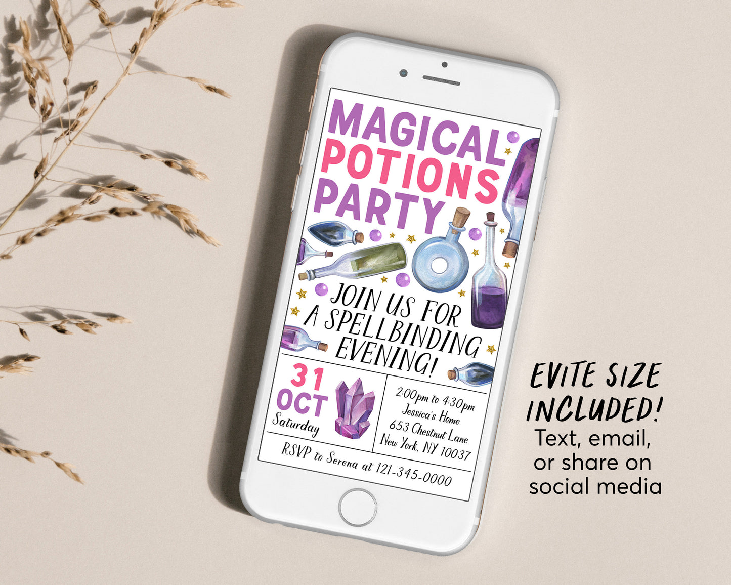 Magic Potion Party Invitation Editable Template, Magical Potions Witchcraft Night Party Invite, Halloween Witch Wizard Party Evite Printable