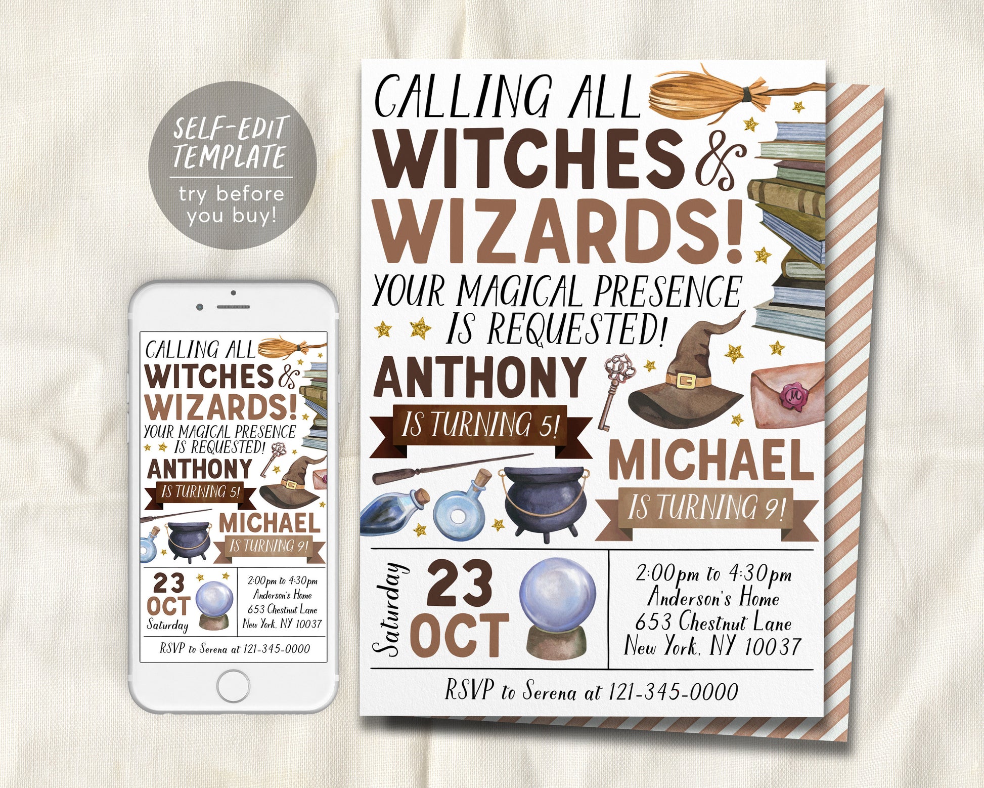 Wizard Joint Siblings Birthday Invitation Editable Template