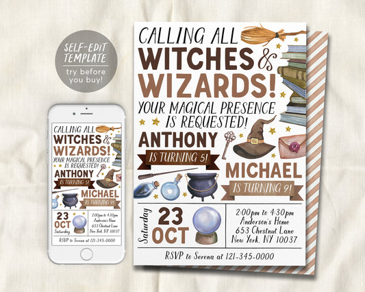 Wizard Joint Siblings Birthday Invitation Editable Template