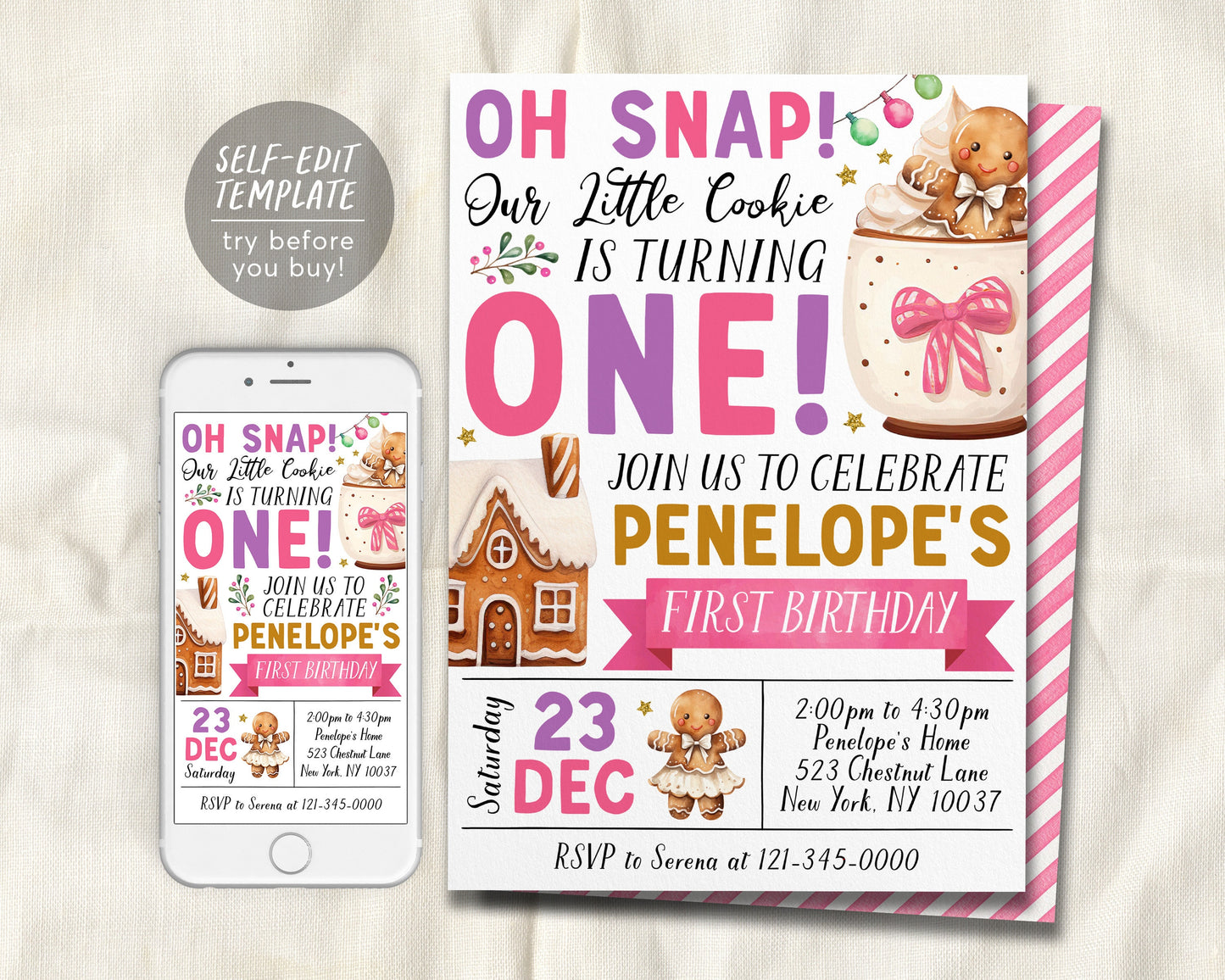 Our Little Cookie First Birthday Invitation Editable Template