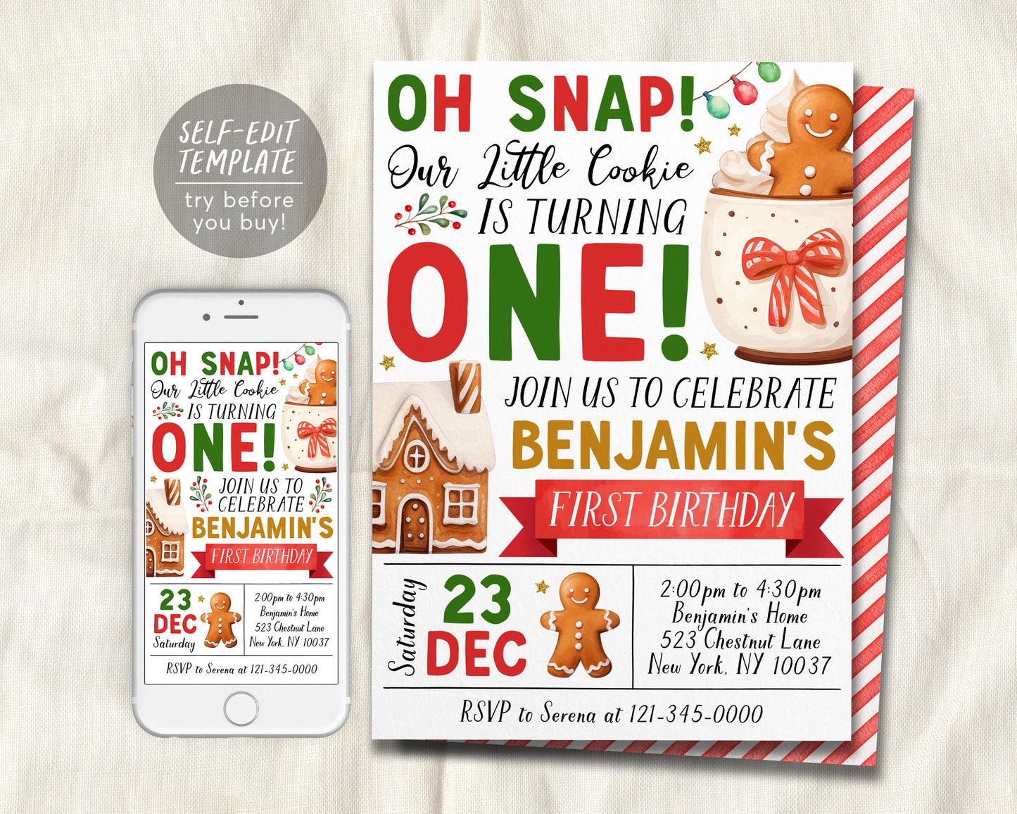 Our Little Cookie First Birthday Invitation Editable Template