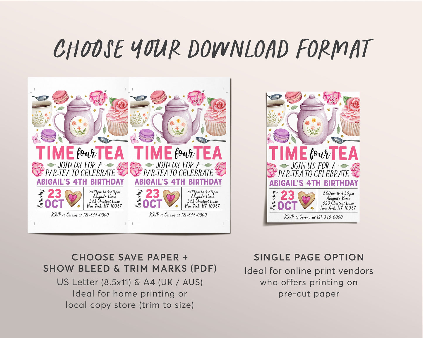 Time Four Tea 4th Birthday Invitation Editable Template, Kids Let's Par-Tea High Tea Garden Party Invite, Floral Whimsical Afternoon Tea