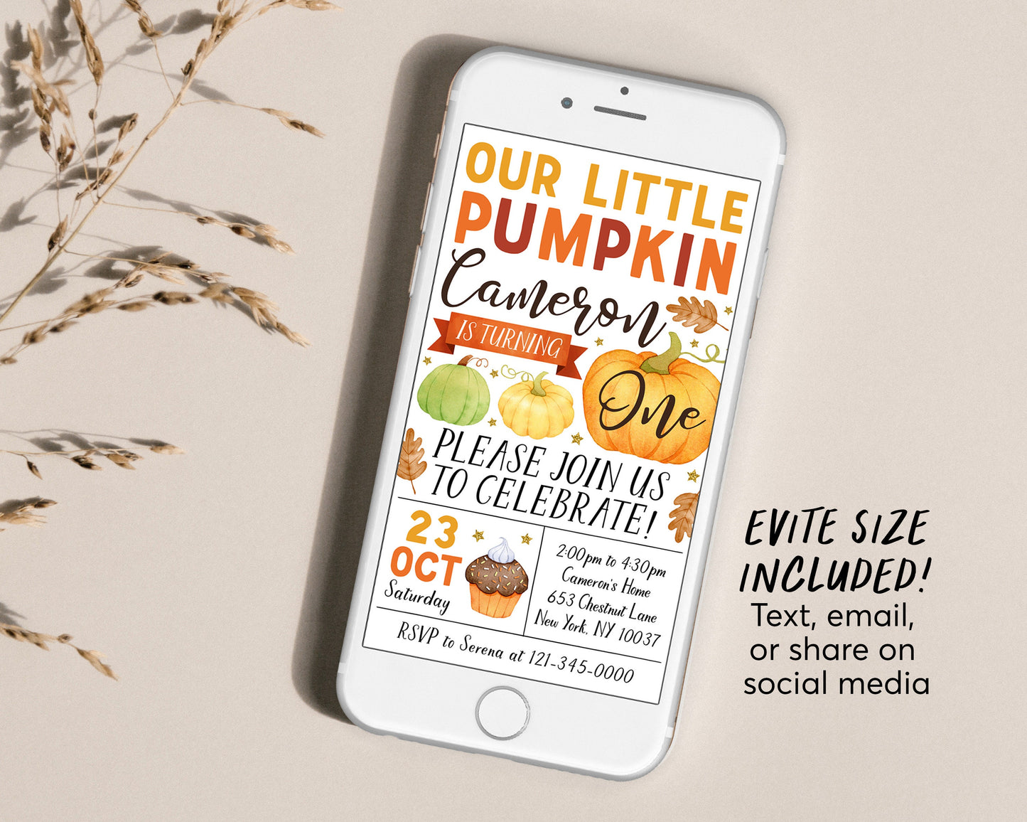 Our Little Pumpkin First Birthday Invitation Editable Template, Kids Thanksgiving 1st Birthday Party Invite, Pumpkins Autumn Fall Evite