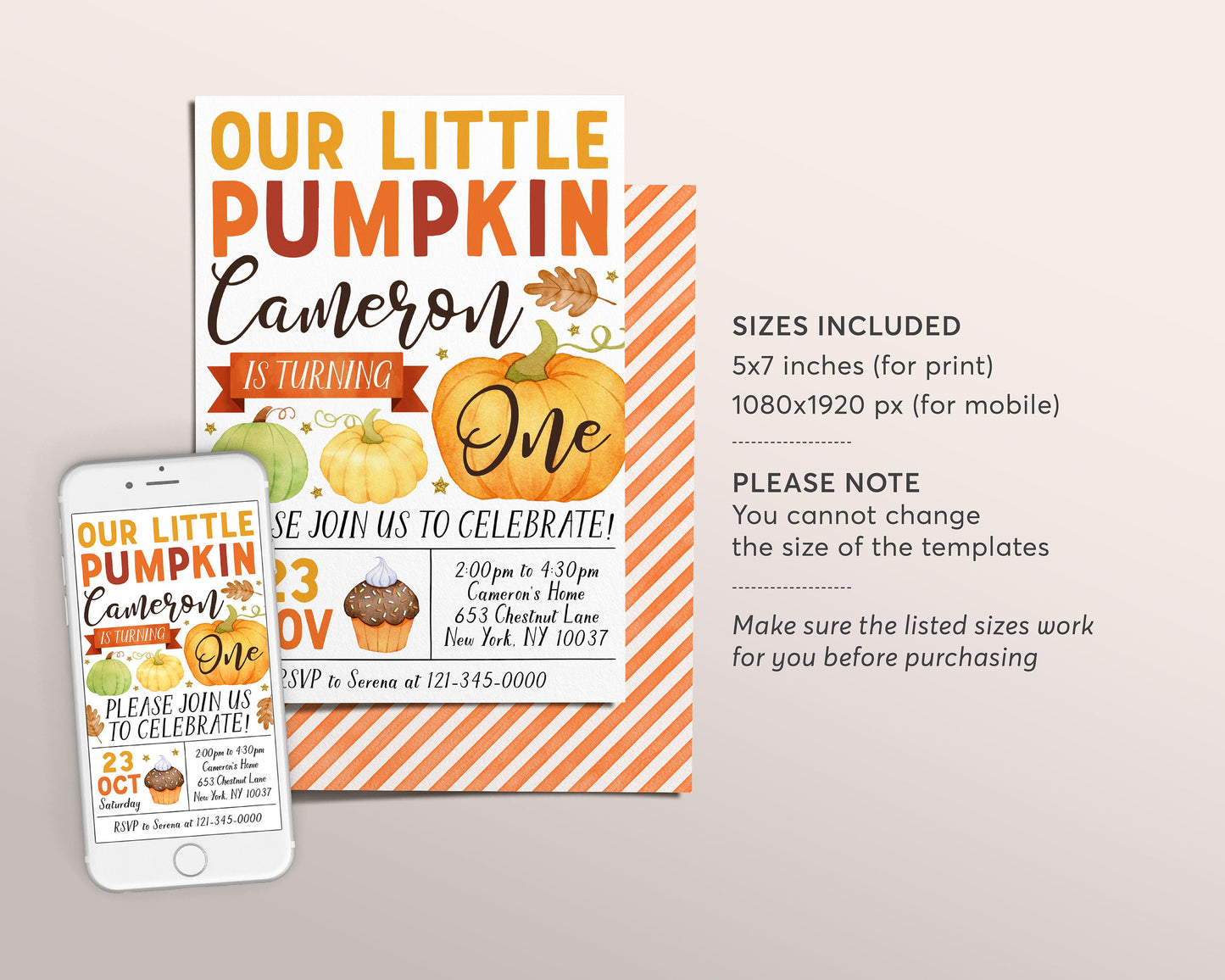 Our Little Pumpkin First Birthday Invitation Editable Template, Kids Thanksgiving 1st Birthday Party Invite, Pumpkins Autumn Fall Evite