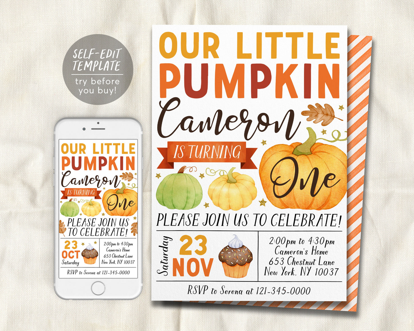 Our Little Pumpkin First Birthday Invitation Editable Template, Kids Thanksgiving 1st Birthday Party Invite, Pumpkins Autumn Fall Evite