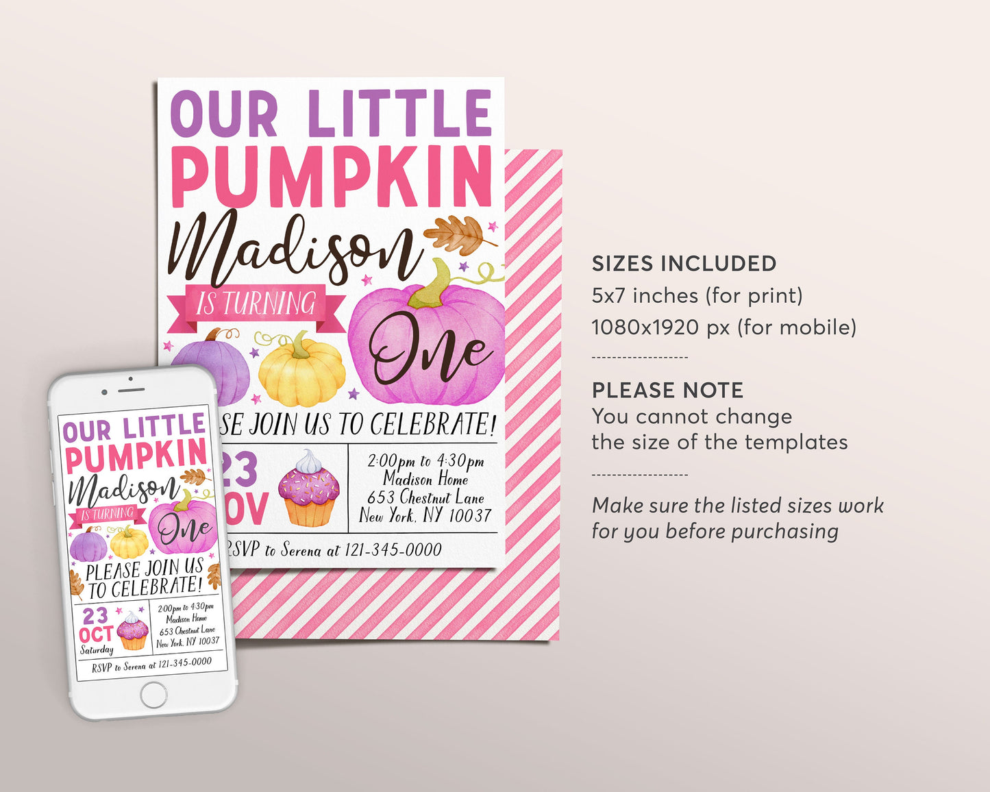 Our Little Pumpkin First Birthday Invitation Editable Template, Kids Girl Thanksgiving 1st Birthday Party Invite, Pumpkins Autumn Fall Evite