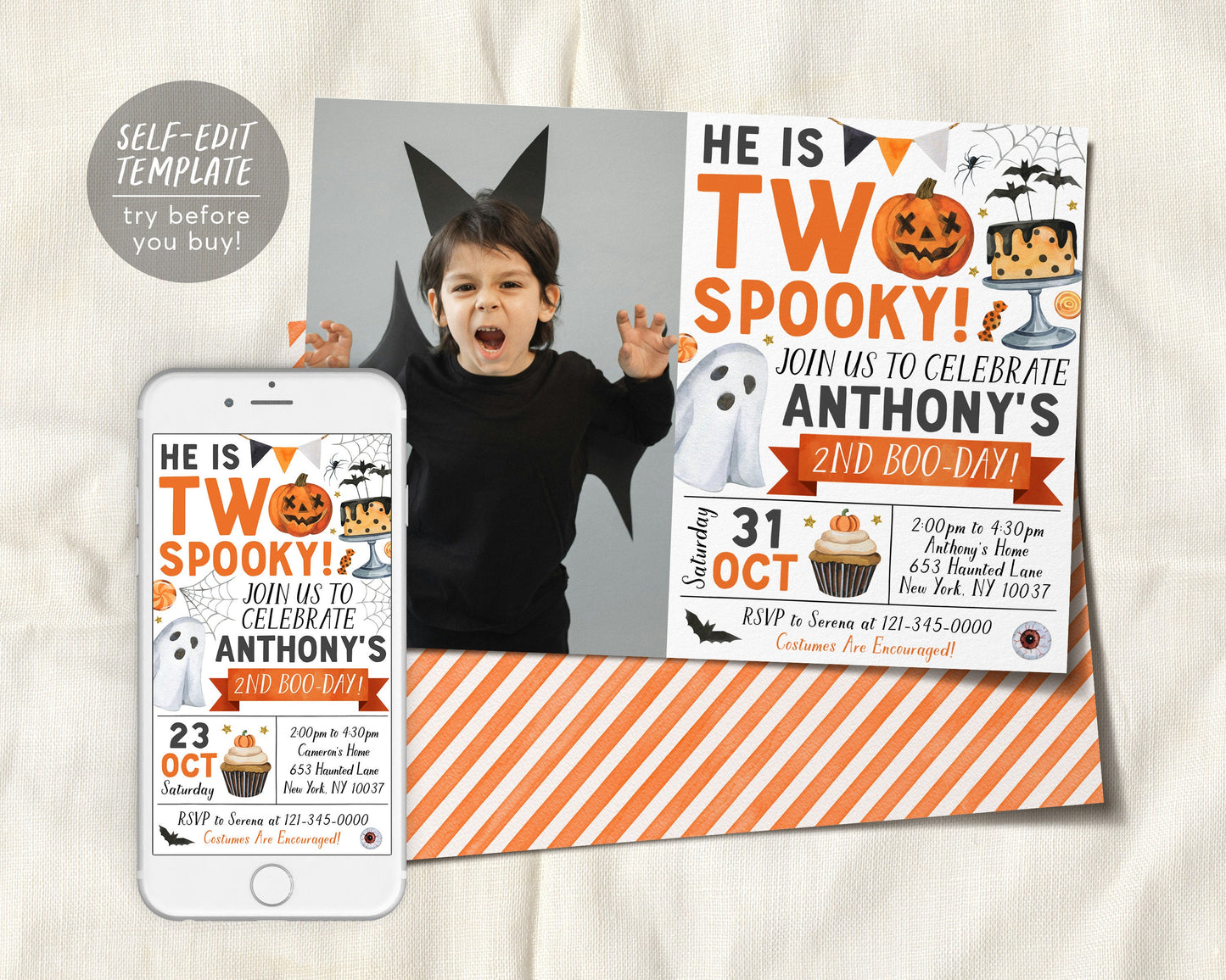 Two Spooky Halloween Birthday Invitation With Photo Editable Template