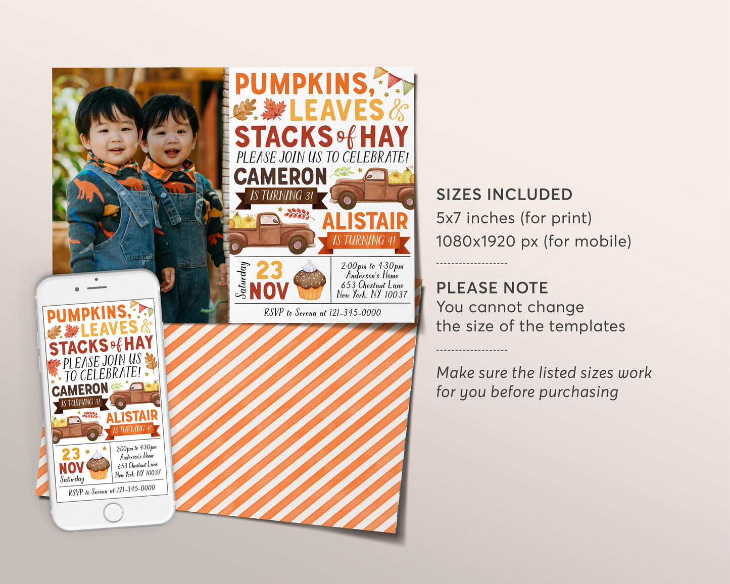 Pumpkin Truck Joint Siblings Birthday Invitation With Photo Editable Template, Twins Boys Party Invite, Pumpkins Leaves Stacks Of Hay Evite