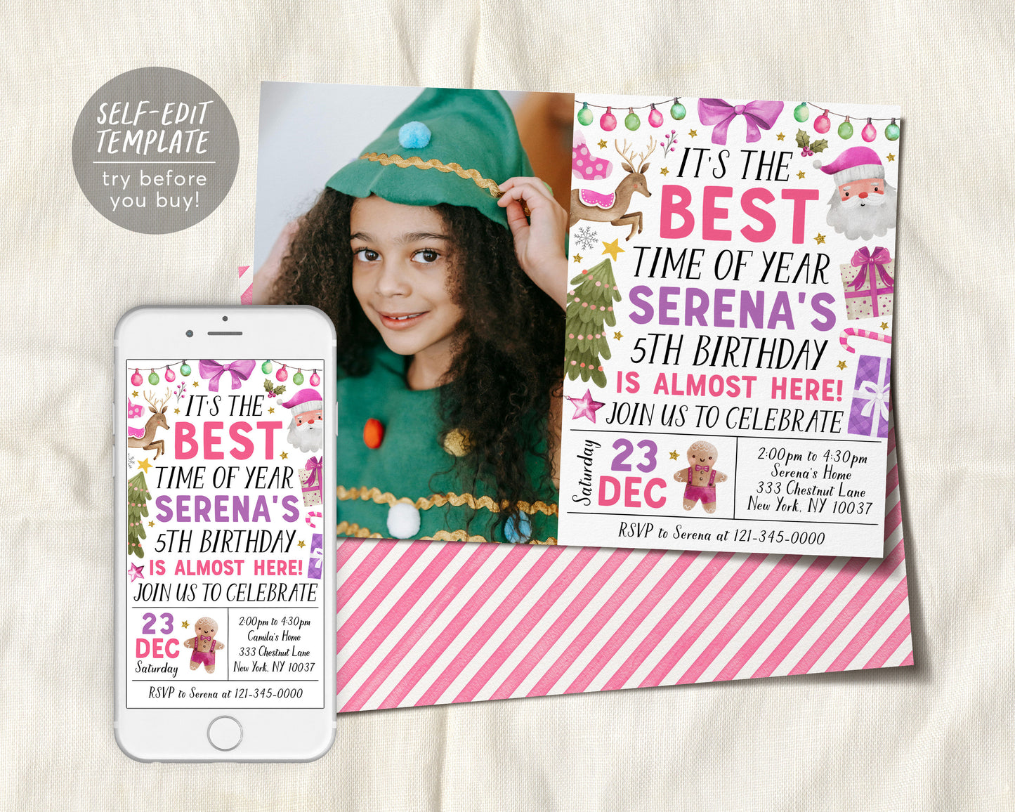 Christmas Birthday Invitation With Photo Editable Template