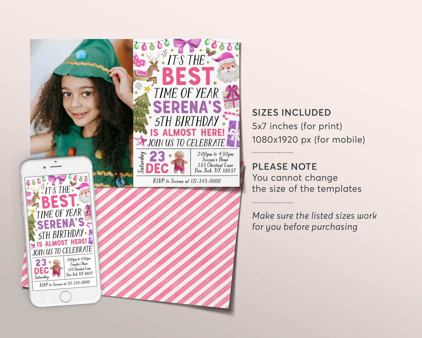 Christmas Birthday Invitation With Photo Editable Template, It's The Best Time of Year Party Invite, Kids Girl Holiday Santa Birthday Evite