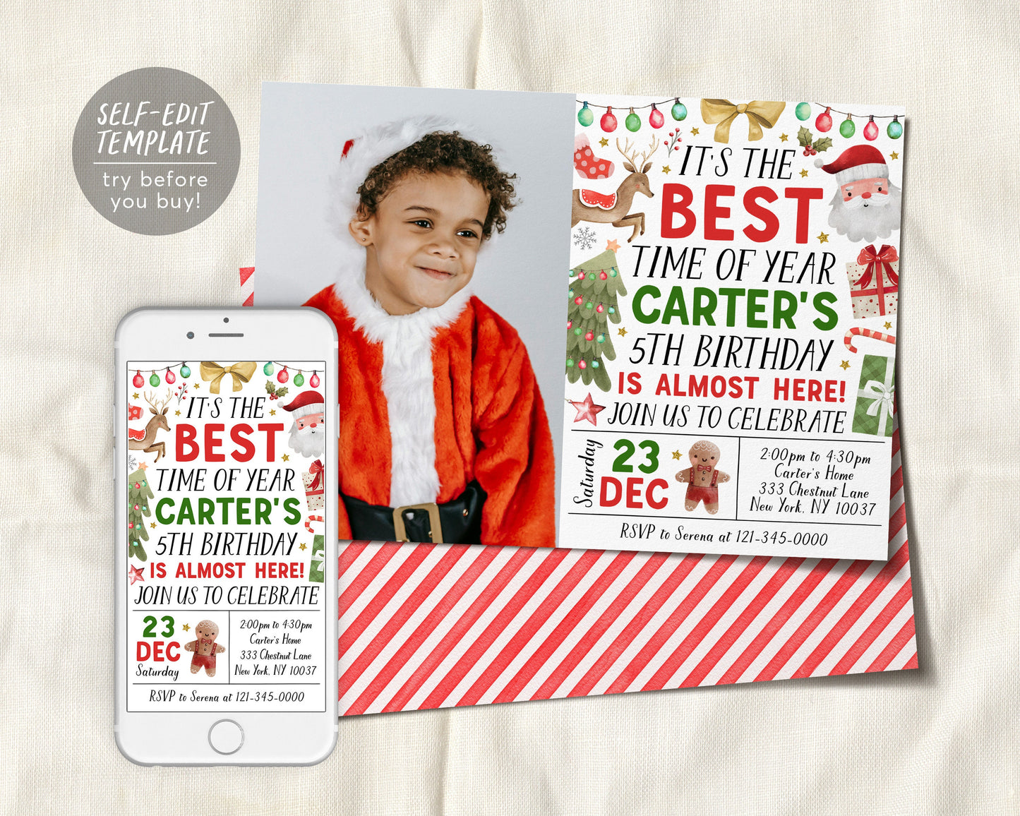 Christmas Birthday Invitation With Photo Editable Template