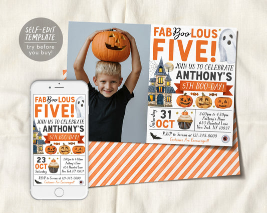 Halloween 5th Birthday Invitation With Photo Editable Template