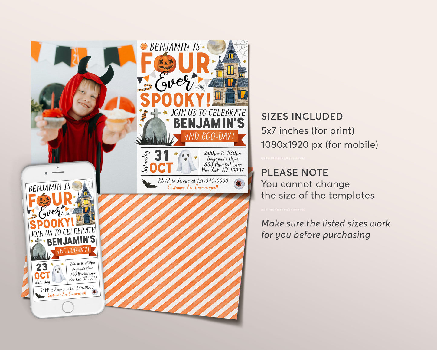 Four Ever Spooky Halloween 4th Birthday Invitation With Photo Editable Template, Spooky Party Invite, Ghost Spooktacular Costume Evite