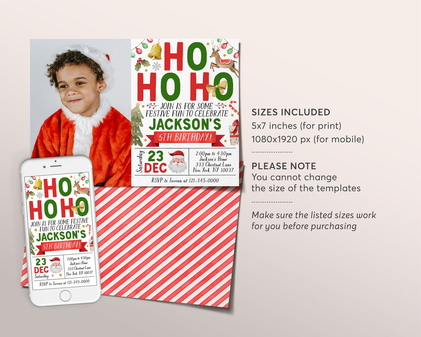 Christmas Birthday Invitation With Photo Editable Template, Ho Ho Ho Holiday Birthday Party Invite, Kids Unisex Santa Reindeer Festive Evite