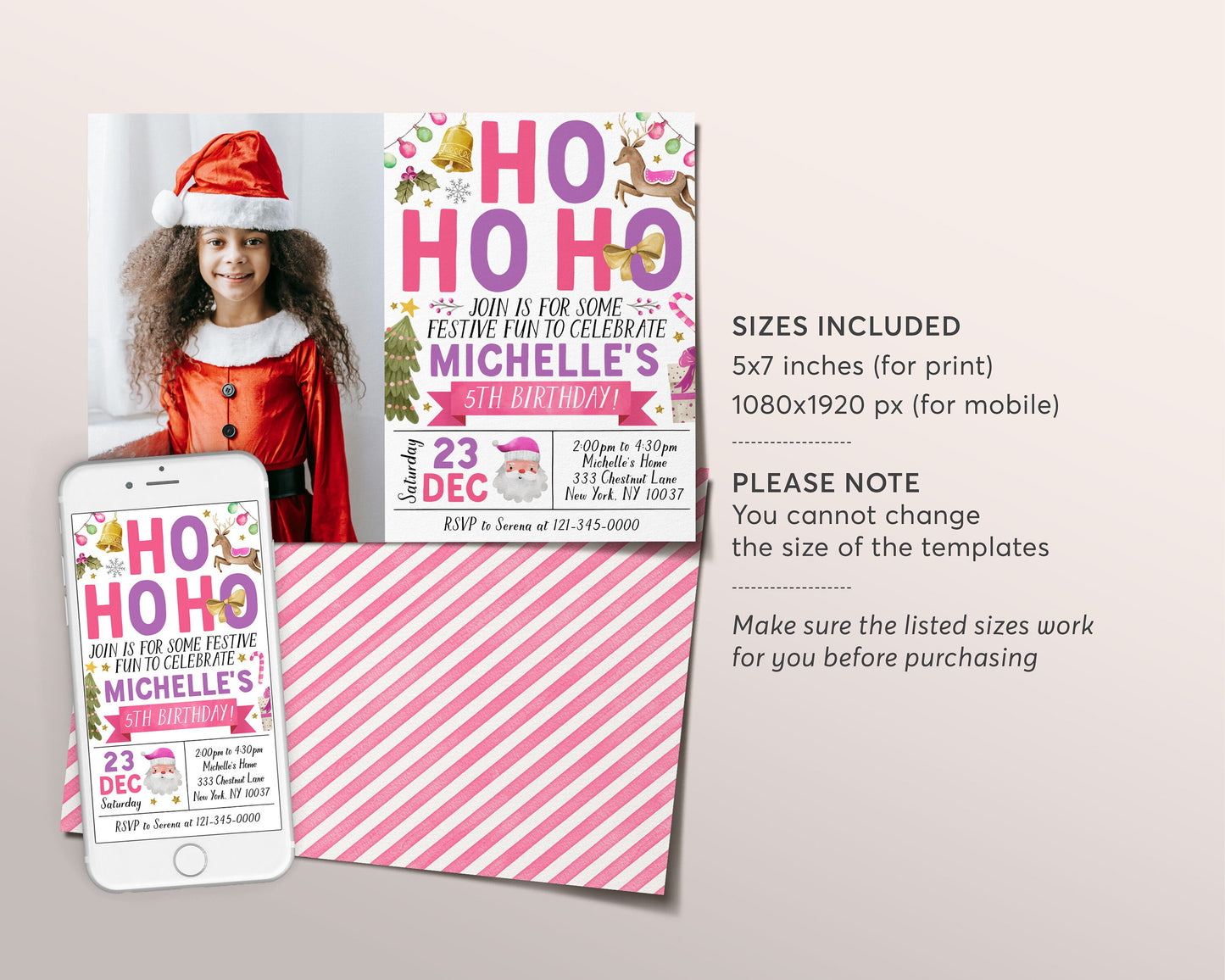 Christmas Birthday Invitation With Photo Editable Template, Ho Ho Ho Holiday Birthday Party Invite, Kids Girl Santa Reindeer Xmas Tree Evite