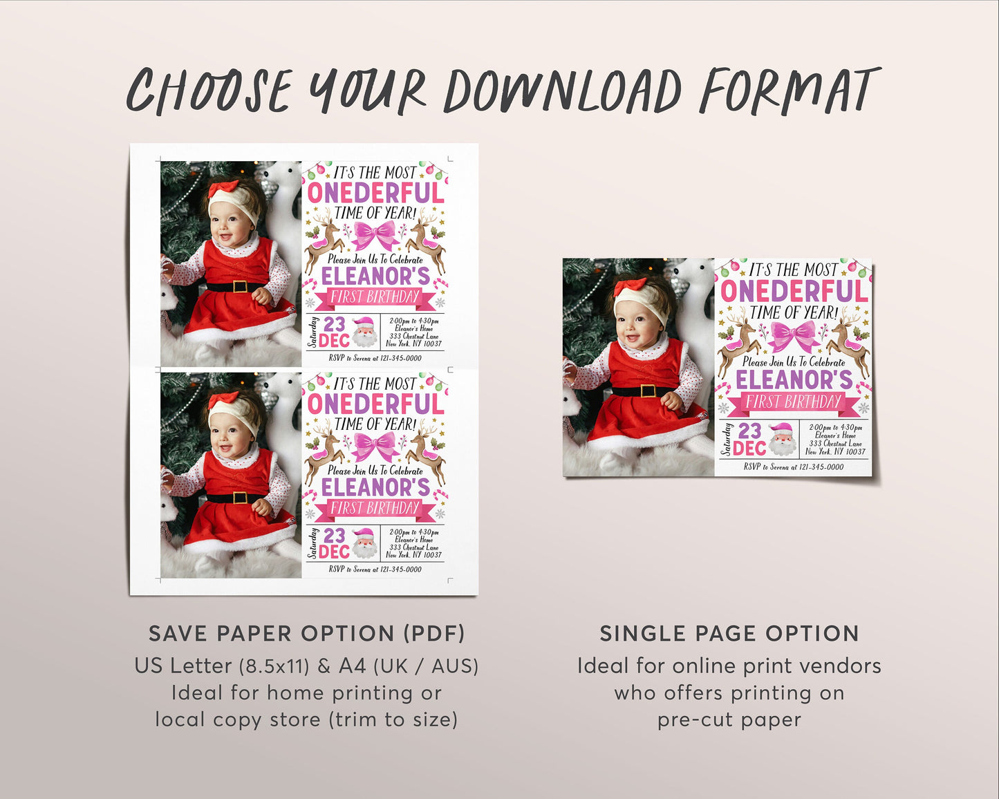 Christmas First Birthday Invitation With Photo Editable Template, Onederful Time of the Year 1st Birthday Party Invite, Girl Holiday Evite