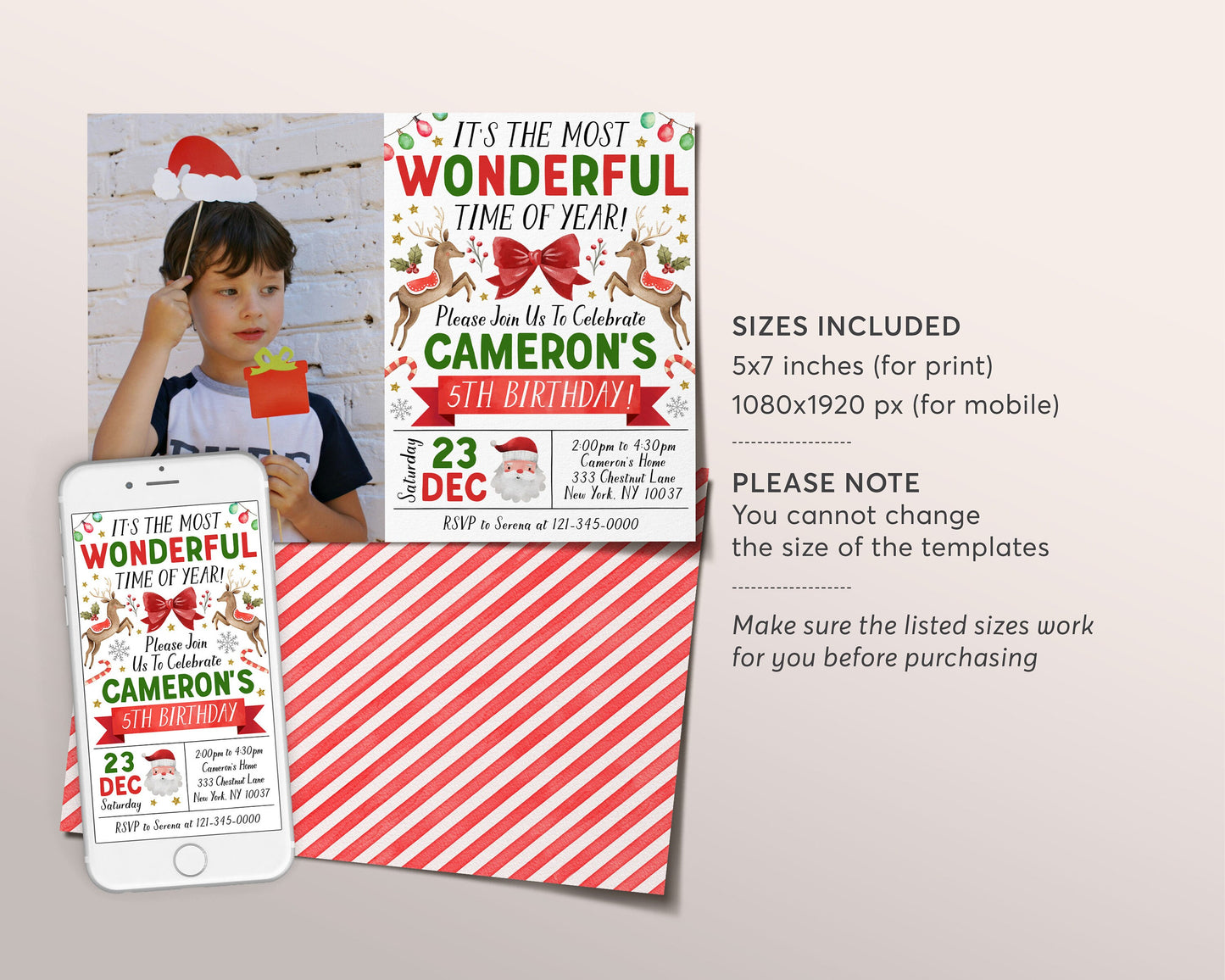 Christmas Birthday Invitation With Photo Editable Template, Most Wonderful Time of the Year Birthday Party Invite, Kids Santa Holiday Evite